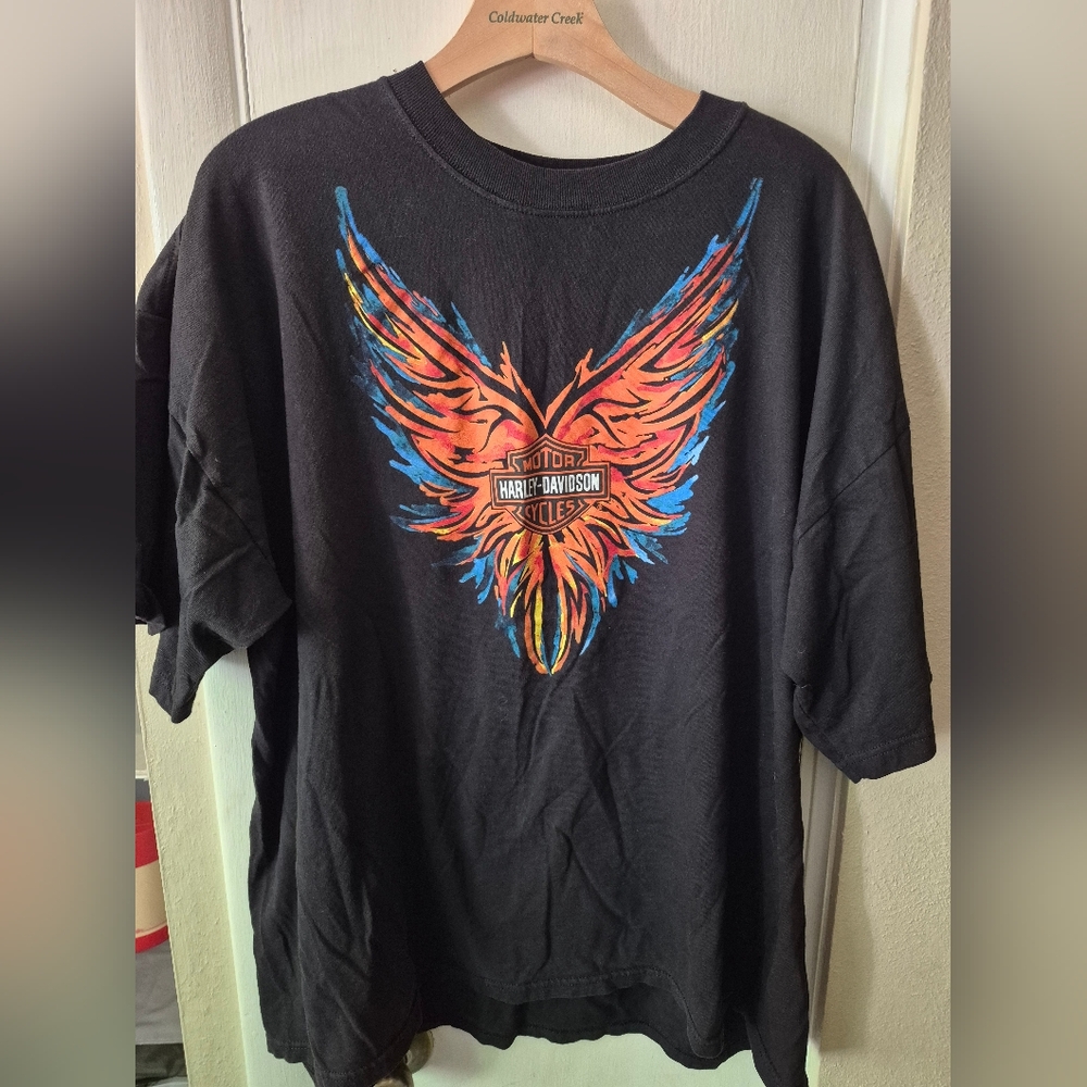 Harley-Davidson Black Tee with Fiery Orange and Blue Design XXL